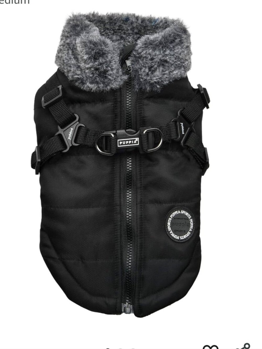 Puppia Black Quilted Vest with Gray Faux Fur Collar and Harness